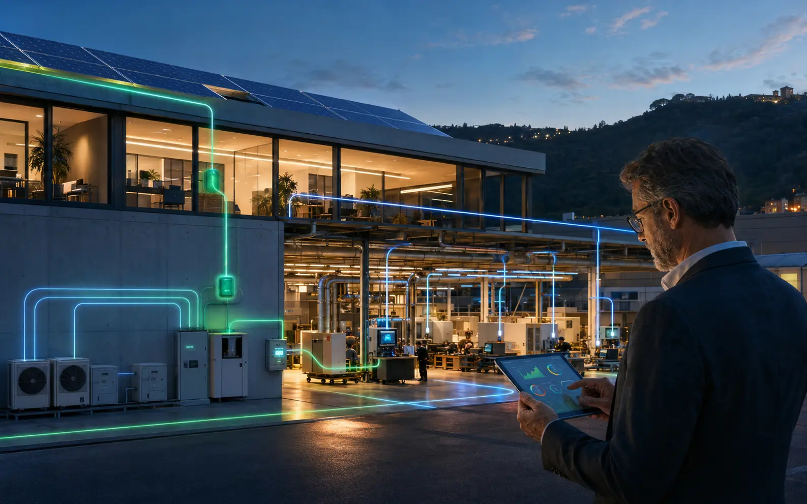 Responsabile aziendale che osserva stabilimento, impianti e flussi energetici al tramonto