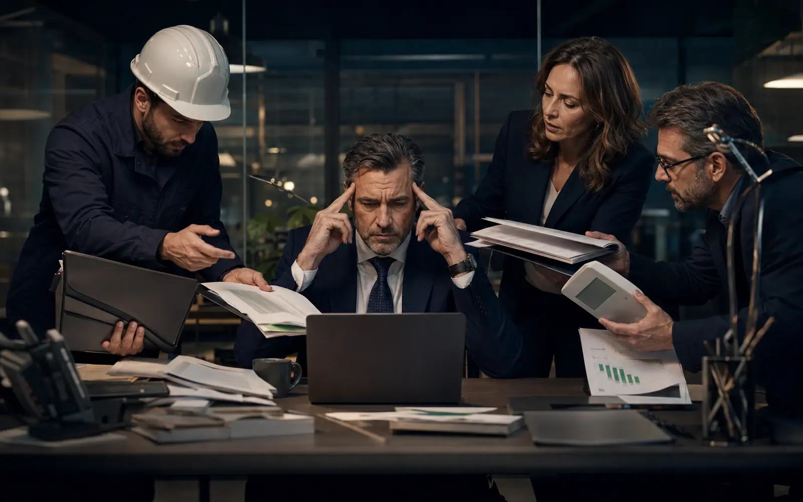 Imprenditore impegnato a coordinare consulenti diversi per sicurezza, assicurazioni ed energia