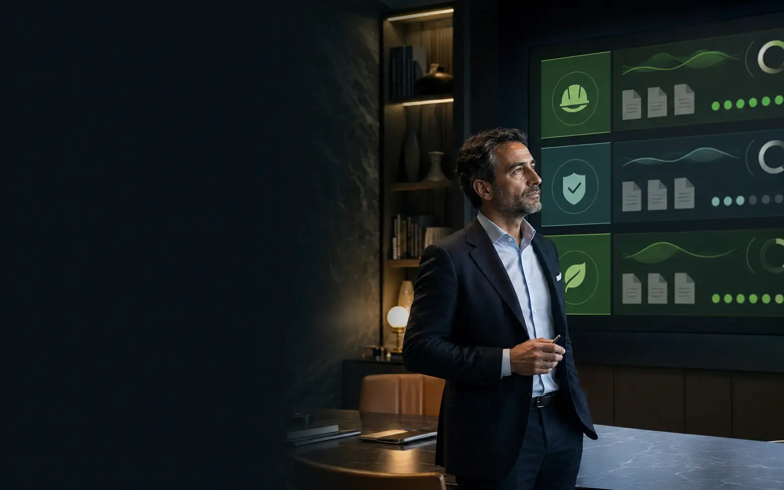 Consulente davanti alla cabina di controllo YUMT per gestire più aziende clienti